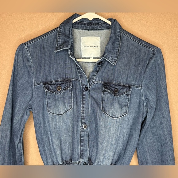 Silvian Heach Denim Cargo 100% Cotton Mini Dress Shirred Waist Button Up Size XS - Picture 12 of 16